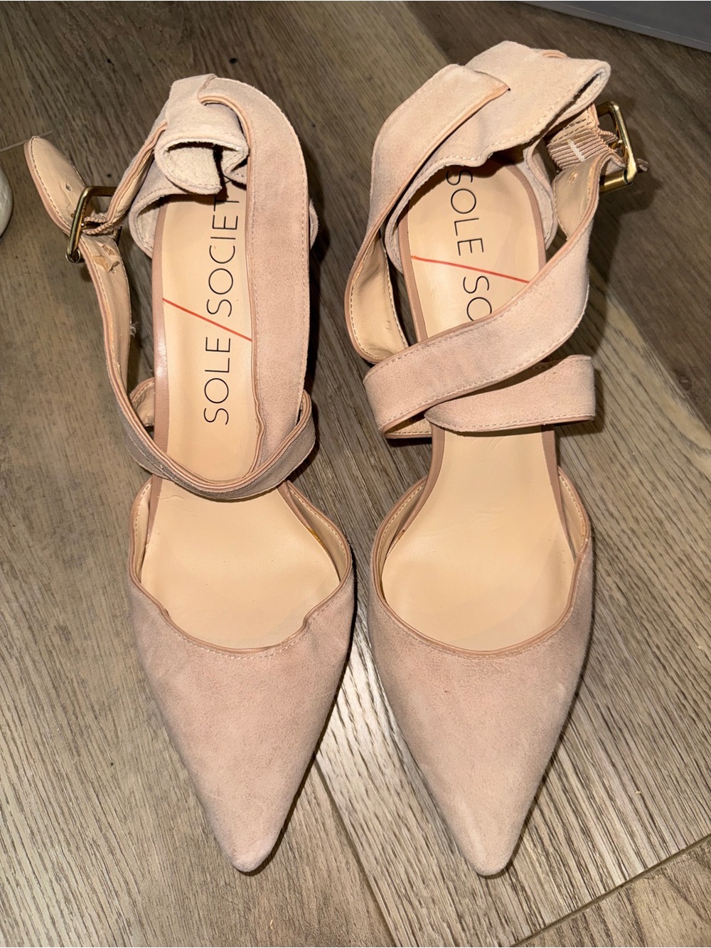 Sole Society Blush Suede Pointed-Toe Ankle Strap Heels